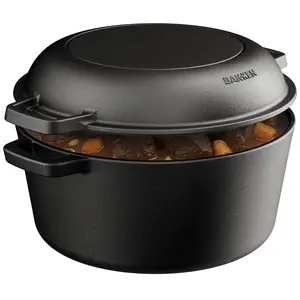 Bakken 2-in-1 Cast Iron Dutch Oven Pot with Skillet Lid, 5QT Pre-Seasoned Dutch Oven for Bread Baking, Roasting & Campfire Cooking, Heavy-Duty Indoor & Outdoor Use with Easy-Grip Dual Handles