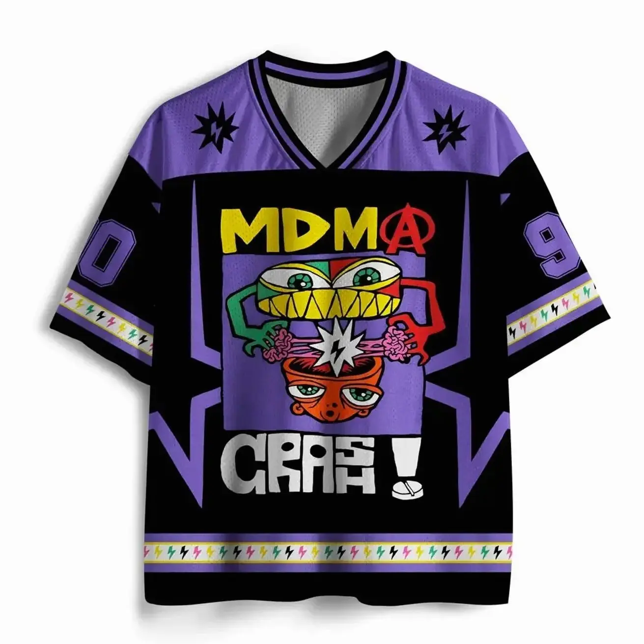 Mdma Crash Mesh Jersey, Edgy Graphic Sports Shirt, Futuristic Y2K Streetwear Mesh Top, Bold Abstract Digital Design, Breathable Oversized Unisex Jersey, Trendy Casual Summer Shirt for Men & Women 07R