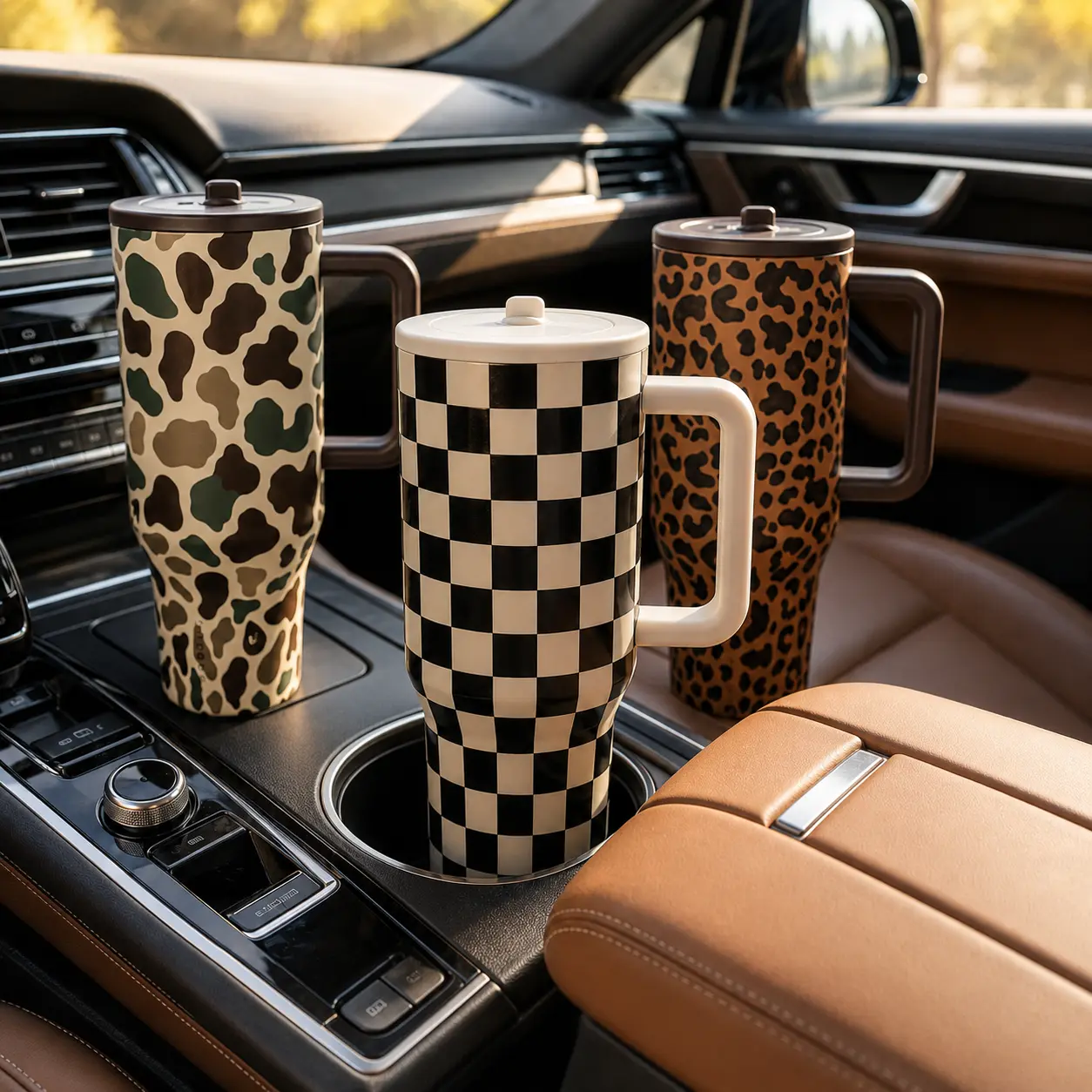 40oz 1200ml Vacuum Insulated Tumbler with Handle, Food Grade 304 Stainless Steel Leakproof Cold Water Mug for Car Gym Camping, Leopard Print