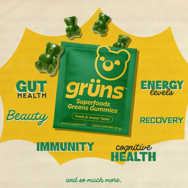 Grüns Superfood Greens Gummies ( 2 pack ): 21+ Vitamins and Minerals, Prebiotics for Digestive Health, Adaptogens. Nutritional Edible Dietary