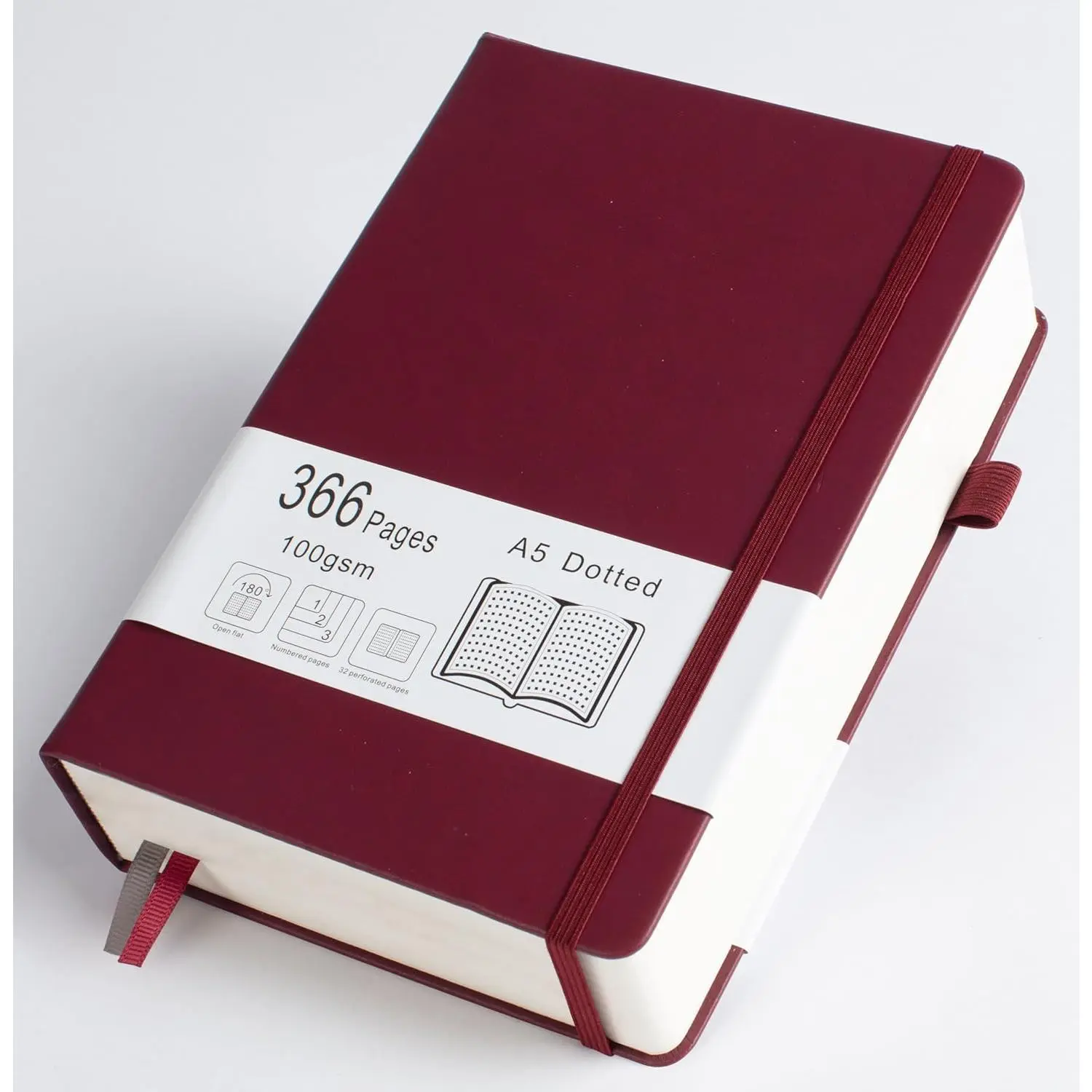 Hardcover Vegan Leather A5 Dotted Journal, Thick 366-Numbered Pages 100GSM Dot Grid Paper (5.7"x8.3" Burgundy) with Elastic Band, Journaling Supplies for Students, Compatible with Fountain Pens & Highlighters, Ballpoint Pens