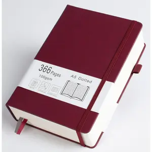 Thick  Notebook with 366 Numbered Pages, A5 Dotted Journal for Writing with 100GSM Dot Grid Paper, Hardcover Leather Notebooks for Women Men School Note Taking Work Diary, 5.7"x8.3" Bungandy
