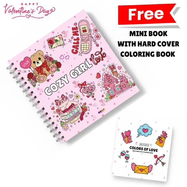 Summer Spring Gift LOVE Cozy Girl Love Coloring Book Hard Cover Spiral Bound with Mini Book Simple Valentine's Day Designs for Adults Teens Cute Romance Illustrations Thick Lines Boost Confidence