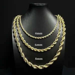 14K Gold-Plated Rope  Necklace for  & Women, Twisted Hip Hop , Faceted Cut, 4mm/6mm/8mm, 550mm/600mm Streetwear Jewelry