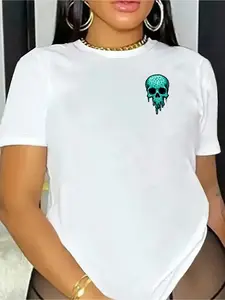 Wo Elegant White T-Shirt |   Soft Machine Washable Round Neck Tee with Skull Graphic Comfortable Fit Versatile Clothing All-Season Wardrobe Staple