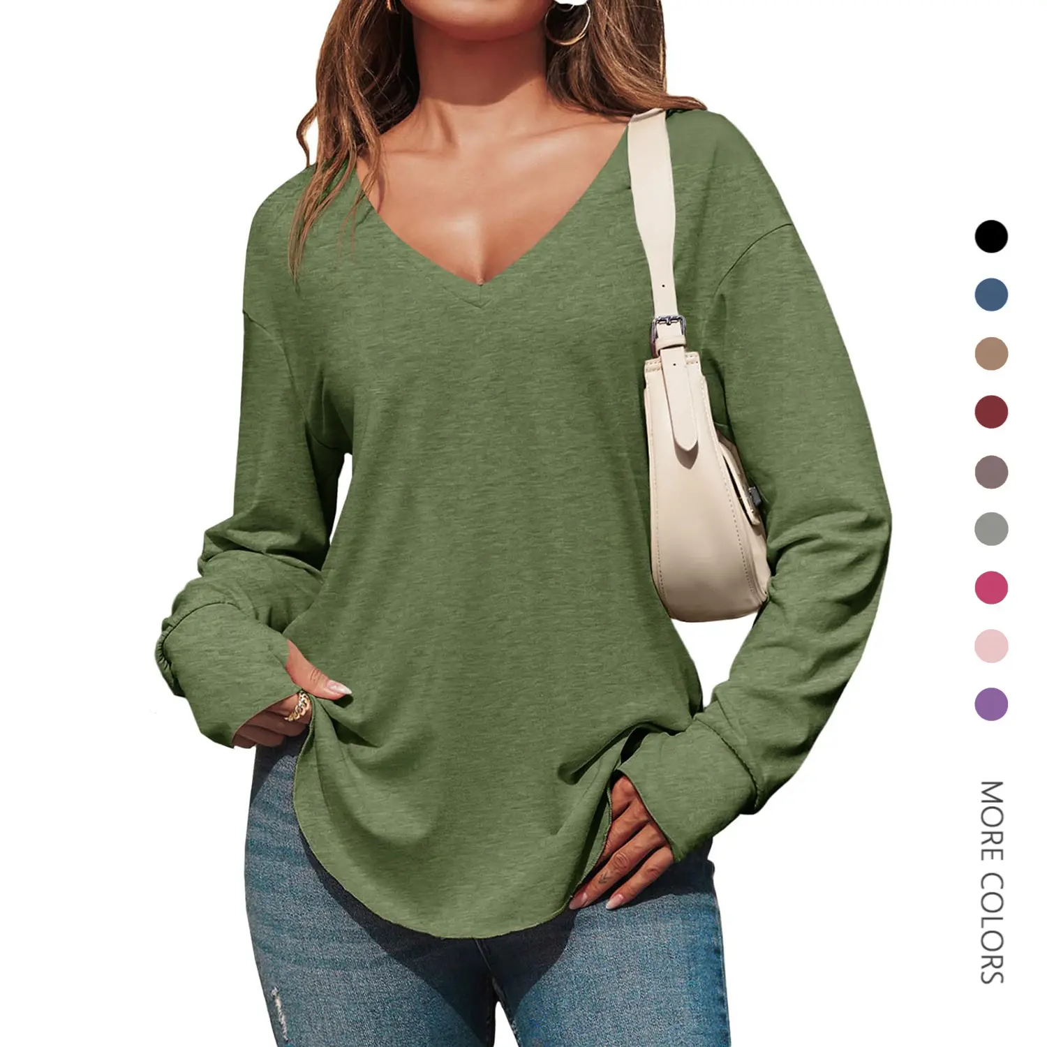 Danedvi Tunic Top for Women, Comfy Casual Long Sleeve Army Green T-Shirt, Oversized Dress Casual Top with Deep V-Neck and Side Slits, Basic, Soft, Casual Wear