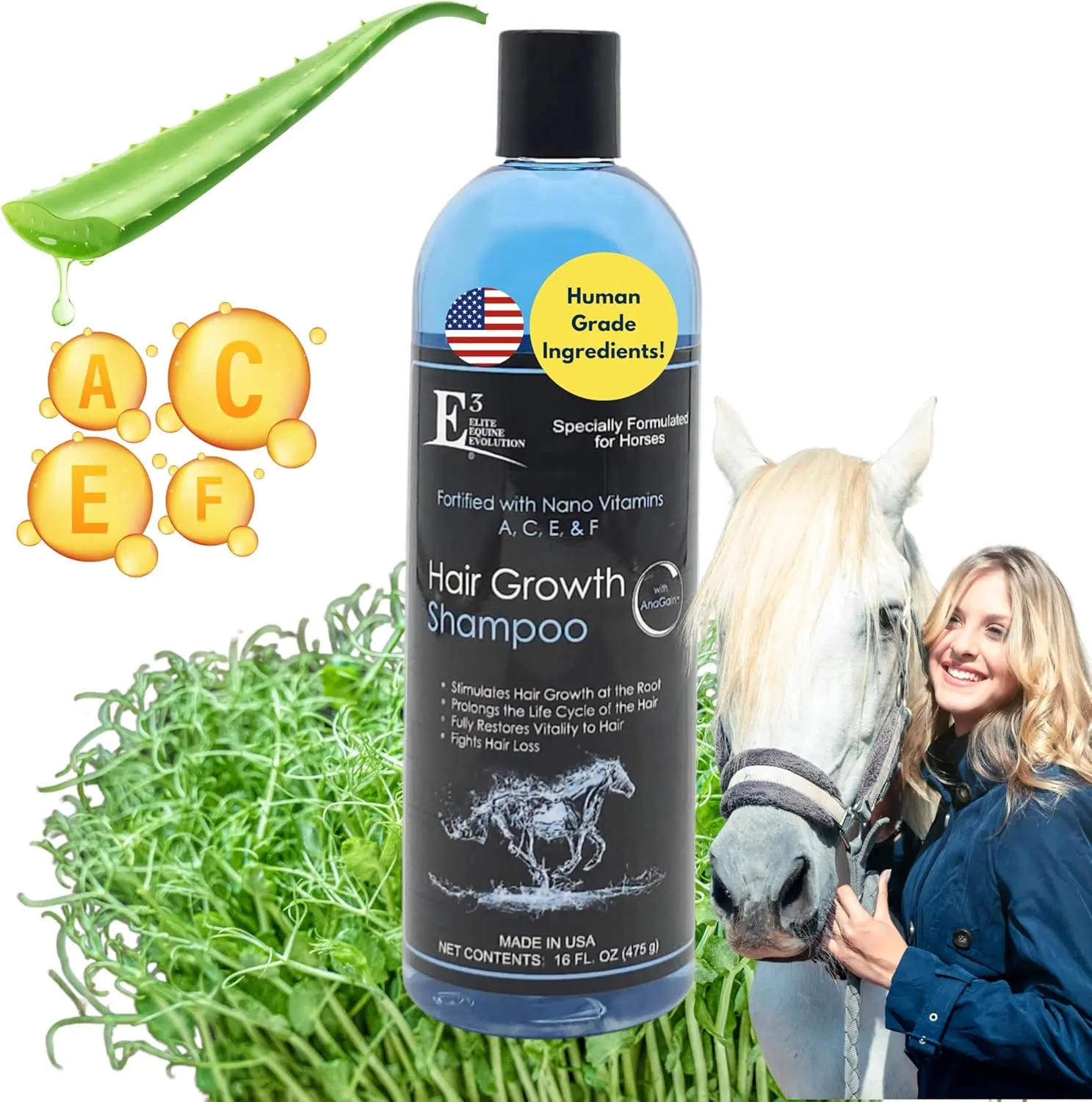 E3 Soothing Shampoo with AnaGain and Aloe Vera – 16oz Volumizing Formula for Fuller, Thicker and Stronger Pet Hair, Infused with Vitamins A, C, E & F