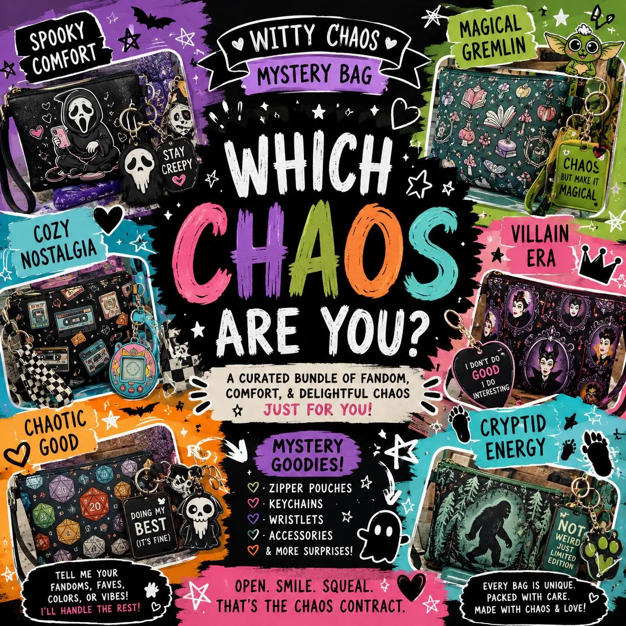 Comfort Character Chaos Mystery Bag | Fandom Inspired Surprise Bundle | Curated Geeky Accessories & Pouches