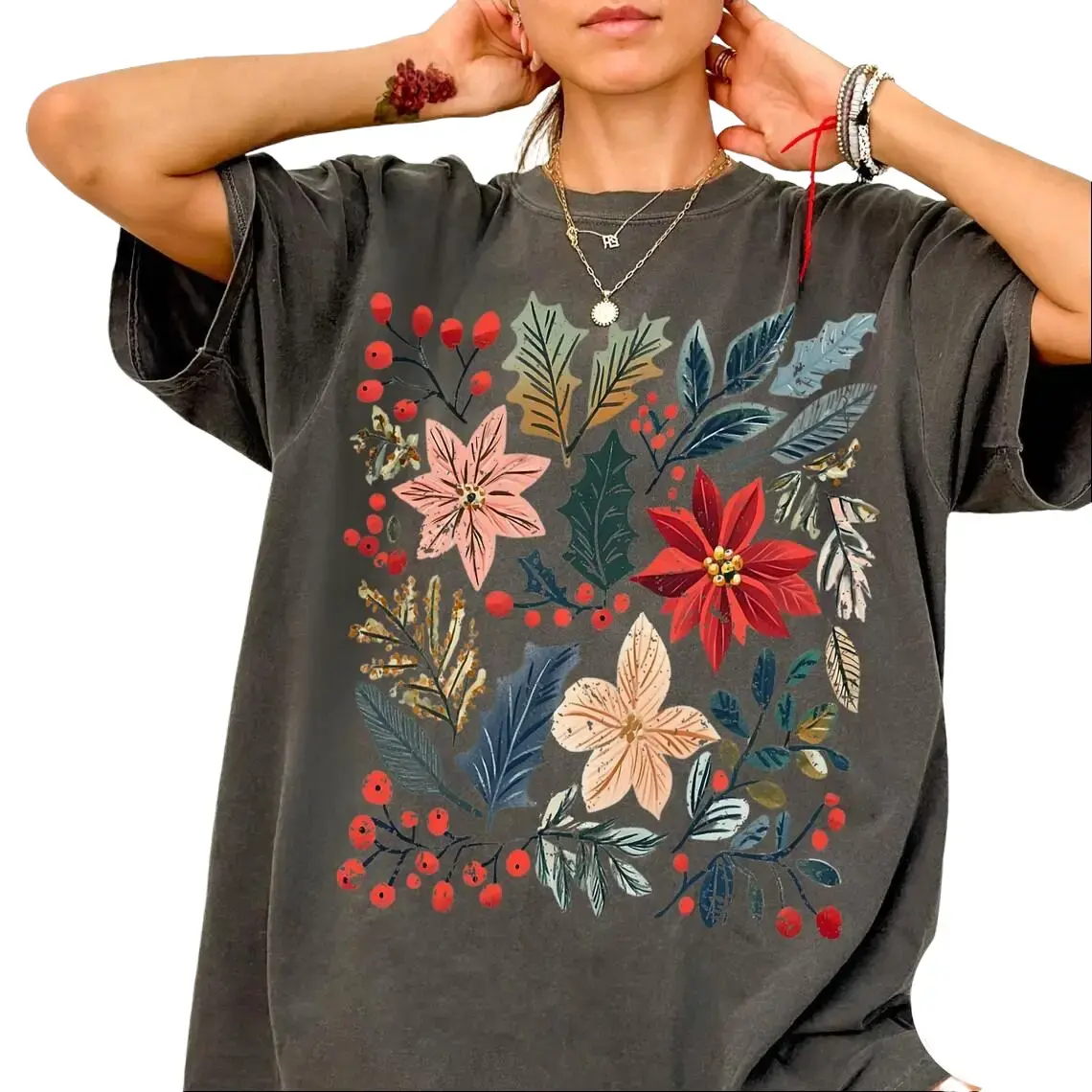 Women's Boho Winter Floral Letter Print Short-Sleeve,Loose-fitting short-sleeved cotton shirt with a spring-like feel,Unisex Suitable For Daily Wear With Short Sleeves,Comfortable  Oversized Washable T-shirt Suitable for all seasons