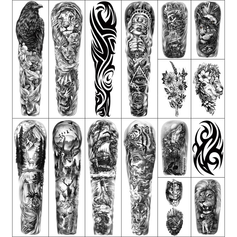 46 Sheets Full Arm Temporary Tattoo Waterproof For Men(L22.8"xW7"), Fake Tattoos for Women Lion Tiger Clock Flower Skeleton Animals Design, Hand Forearm Shoulder 3D Temporary Tattoos Stickers Long Lasting