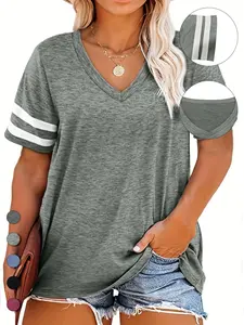 Plus Size Contrast Striped Print V Neck Knit Tee, Casual Short Sleeve Fitted T-shirt for Summer, Women's Plus Clothing for Daily Wear, Cute Tops, Womenswear