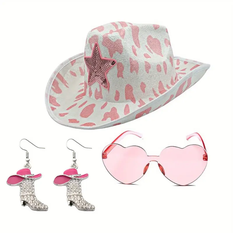 Women's Cowgirl Hat Set, 4-Piece Sequined Star Costume with Silk Mask, Heart Glasses & Rhinestone Earrings for Valentine's Day Photo Booth