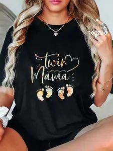 100% Cotton Womens Floral Twin Mama Mom to Be Pregnant with Twins Pregnancy T-Shirt