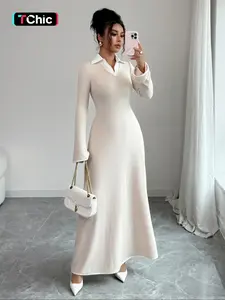 Fashion Elegant Shirt Collar Waist Cinched Long Sleeve Dress, Fitted Plain Design for Fall & Winter, Women's Stylish Clothing, Minimalist