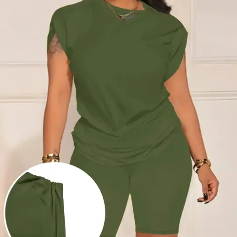Women's Round Neck Short Sleeve T-Shirt and Shorts Set, Casual Plain Breathable Outfit for Hot Weather, Stylish and Comfortable Summer Wear, Two Piece Set Women