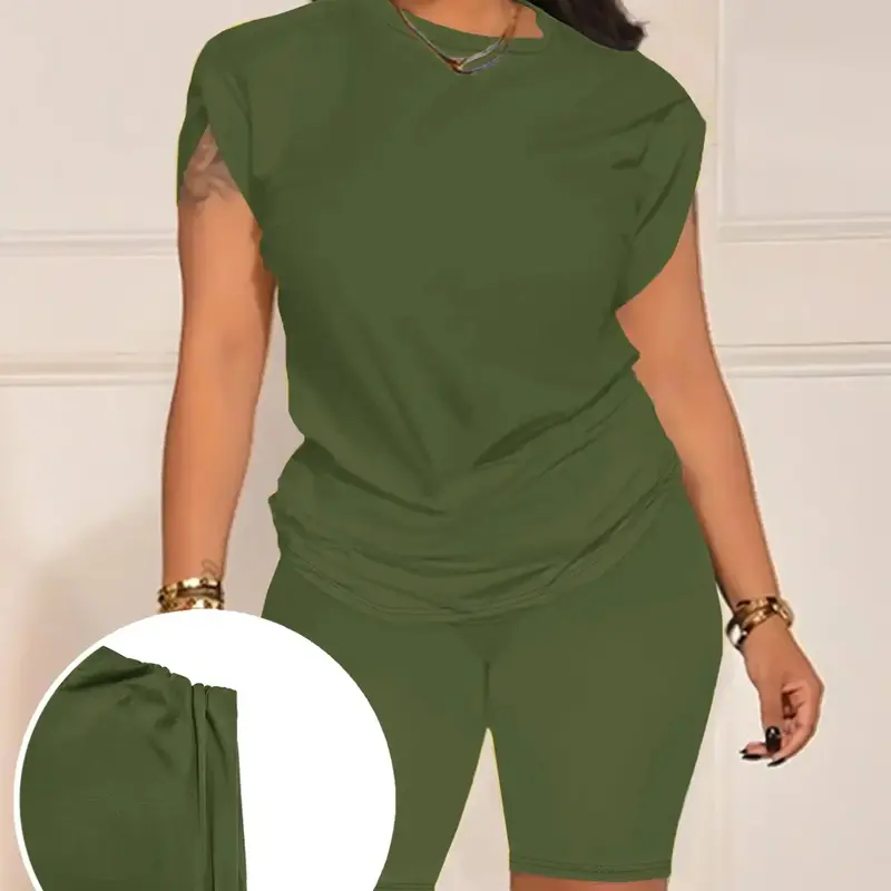 Women's Round Neck Short Sleeve T-Shirt and Shorts Set, Casual Plain Breathable Outfit for Hot Weather, Stylish and Comfortable Summer Wear, Two Piece Set Women