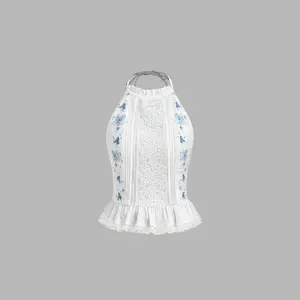 Cider Cotton Halter Neckline Floral Shirred Ruffle Hem Lace Trim Tank Top SummerWins