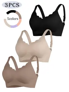 3 Pack Summer Thin Jelly Strip Wireless Bra, Scalloped Edge Design, Ice Silk Fabric Cool Breathable, Strong Wrapping Smooths Bulges Prevents Spillage, Wide Straps No Digging