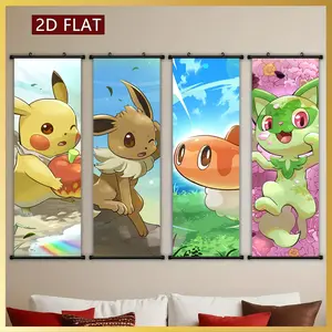 [2D-Flat]4pcs Exquisite Posters Canvas Wall Art Anime Art Print Ink Wash Painting Unframed Scroll Hanging Painting, With Scroll Ord Art Decor HD, Pattern for Living Room, Best Gift for Friends, Indoor-Outdoor Decor, Ink HD Fade-Resistant Art