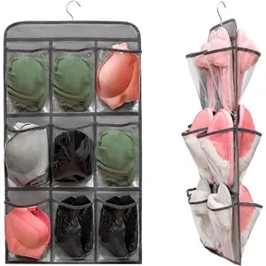 2 Pcs Closet Organizer Dual Sided Hanging Shoe Storage Bag Underwear Socks Holder with 18 Pockets (CLEAR POCKETS)