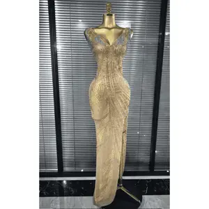 Caroline Golden Rhinestone Sleeveless V Neck Sheer Mesh Bodycon Long Dress