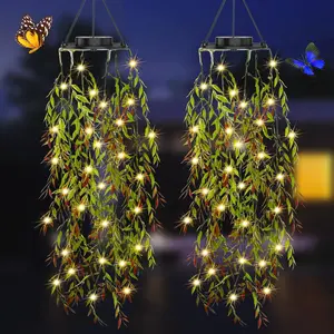 Solar Powered Outdoor Decorative Lighting, 66 LED Lights, Two Willow Leaf Flower Pots, Garden Balcony Patio Decoration, Gift for Women/mothers