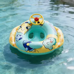 Cute Cartoon Design Boat Swimming Ring Inflatable Pool Floaters with Steering Wheel, Anti-Tip Thick Life Buoy, Safe and Fun Water Toy for Kids
