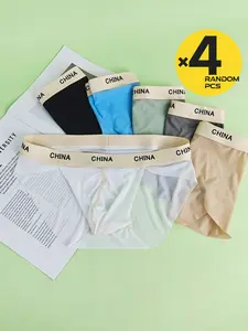 3 Combo Options! 2/3/4-Pack Random Colors Men's Ribbed Triangle Briefs, Letter Print, High Elastic Semi-Sheer, Breathable Sexy Underwear