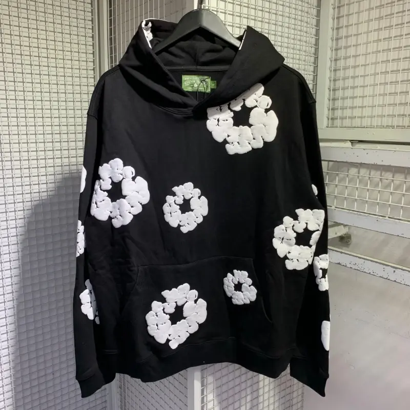 Denim Tears Hoodie & Jogger 2 Piece Tracksuit | 3DPuffFloral Print Oversized Loose Fit Black Cotton I UnisexMenTeen Street Daily Weekend Outfit I Trendy Must-HaveUltraCozy Stylish Outfit