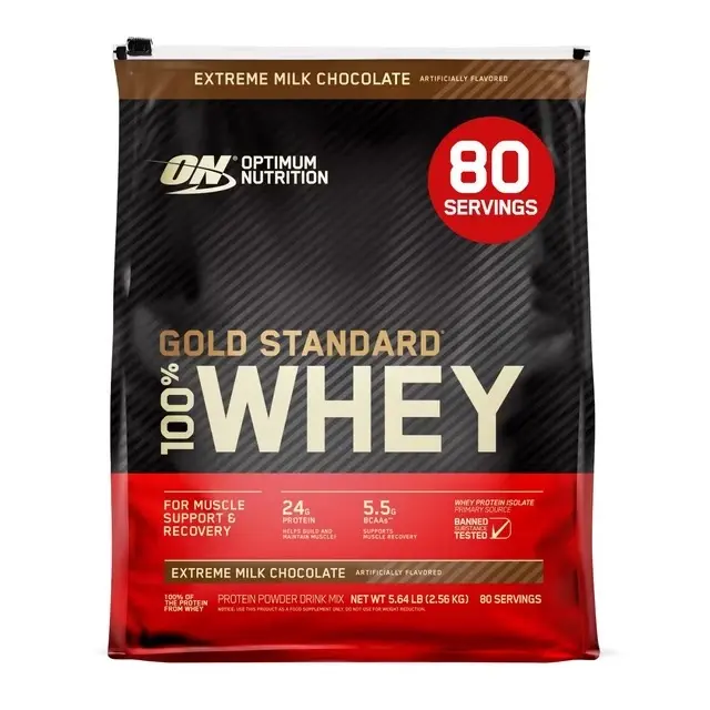 Optimum Nutrition Gold Standard 100% Whey Protein Powder - Extreme Milk Chocolate Flavor, 80 Servings per Bag, 5.64 lb (2.56 kg), 24g Protein per Serving, 5.5g Whey Isolate Primary Source, Instantized for Easy Mixing, Metabolism Support Fitness Supplement