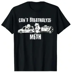 Short Sleeve Oversized Crewneck Tops Trendy Tees Breathable Casual Shirts with Bold "CAN'T BREATHALYZE METH" Graphic Print Comfy Wear For Men Women