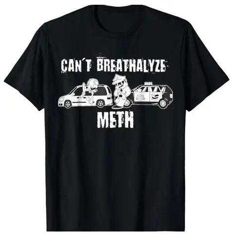 Women's Cotton Round Neck Short Sleeve Classic Graphic Tee, Relaxed Fit Breathable Fabric Oversized Crewneck Top with Bold "CAN'T BREATHALYZE METH" Print, Casual Comfy Wear 818