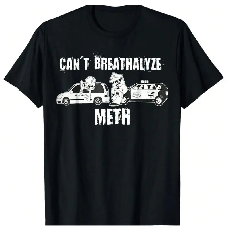 Women's Cotton Round Neck Short Sleeve Classic Graphic Tee, Relaxed Fit Breathable Fabric Oversized Crewneck Top with Bold "CAN'T BREATHALYZE METH" Print, Casual Comfy Wear 818