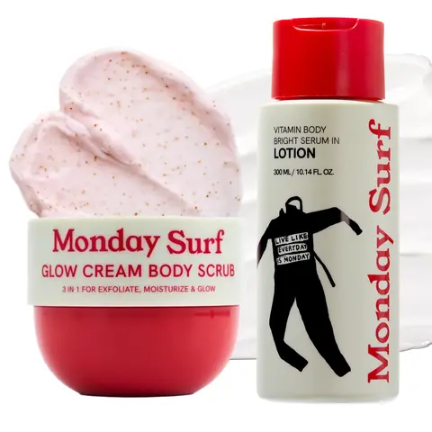 MONDAY SURF 2-Step Baby Glow Body Routine Set - Exfoliating Korean Body Scrub & Moisturizing Cream, Niacinamide & Vitamin C, Vanilla Woods Scent, Vegan Shaving Prep, Cruelty-Free, Smoothes Bumpy Skin for Dry Skin