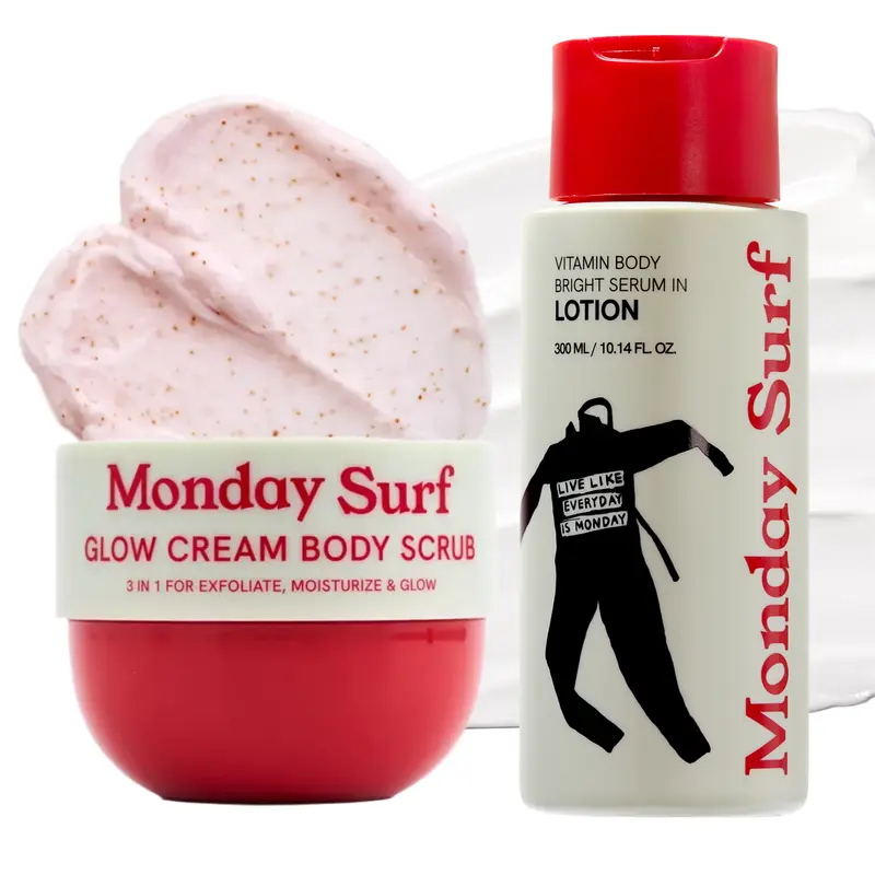 MONDAY SURF 2-Step Baby Glow Body Routine Set - Exfoliating Korean Body Scrub & Moisturizing Cream, Niacinamide & Vitamin C, Vanilla Woods Scent, Vegan Shaving Prep, Cruelty-Free, Smoothes Bumpy Skin for Dry Skin