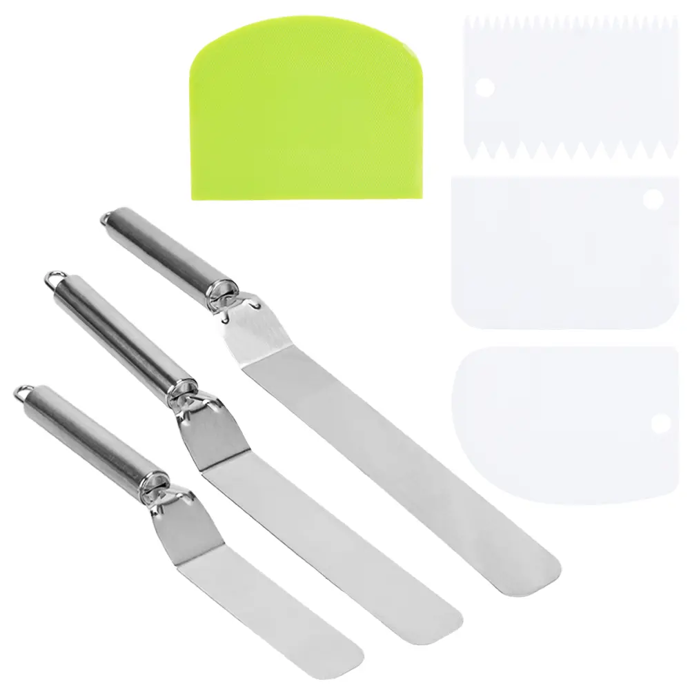 3 Packs 6", 8", 10" Offset Spatula Set with Dough Scraper and Cake Scraper Set, Stainless Steel Cake Icing Spatula for Baking, Professional Cake Decorating Spatula Icing Spreader