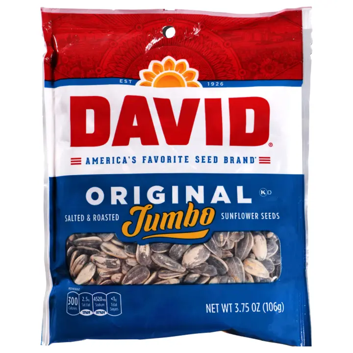 DAVID Jumbo Roasted Sunflower Seeds - Original Flavor, Salty & Savory Food Snack - 3.75oz, Ideal for Sporting Events