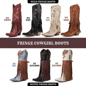 CELNEPHO Womens Cowboy Boots Western Fringe Mid Calf Boot Pointed Toe Classic Tassel Embroidered Chunky Block Heel Retro Western Easy Pull on Gifts Country Wedding Party Concert Spring Summer Festival Dress Cowgirl Shoes