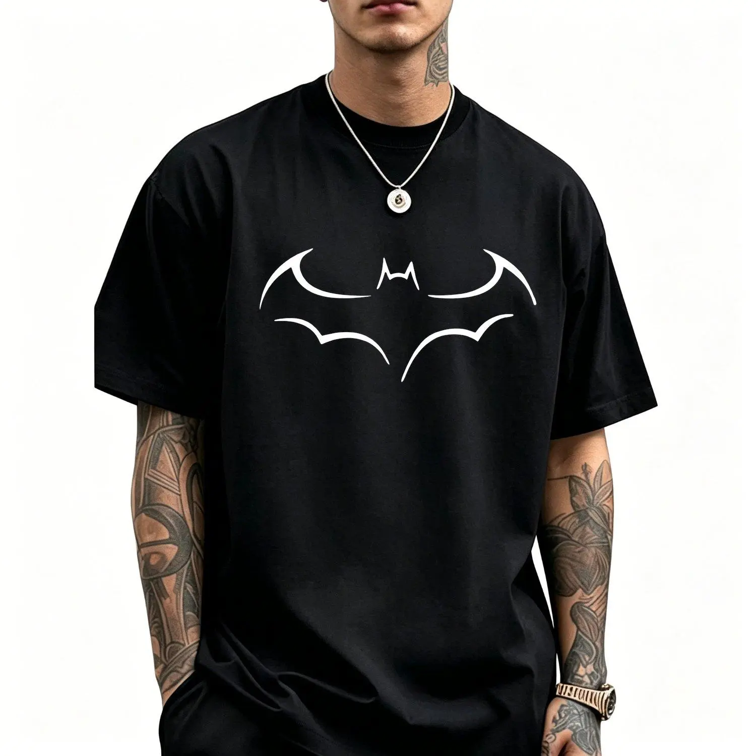 2024 large size loose men's short sleeve t shirts fashion bat print summer new casual tee tops