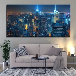 1.5 Inch Thick Solid Pine Wood Frame, New York City Oil Painting Wall Painting, Manhattan Skyline, Night View Canvas Poster, Painting Modern Office, Home, Bedroom, Cafe Decoration Poster, Gift Wall Decoration
