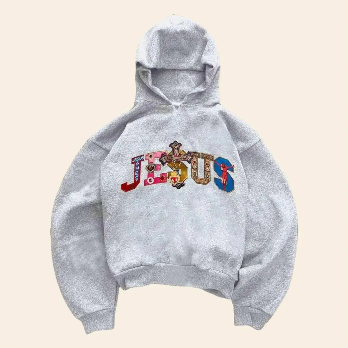 Religious Faith Hoodie, Gemstone Multicolor Cross & Jesus Text Graphic Hoodie Sweatshirt