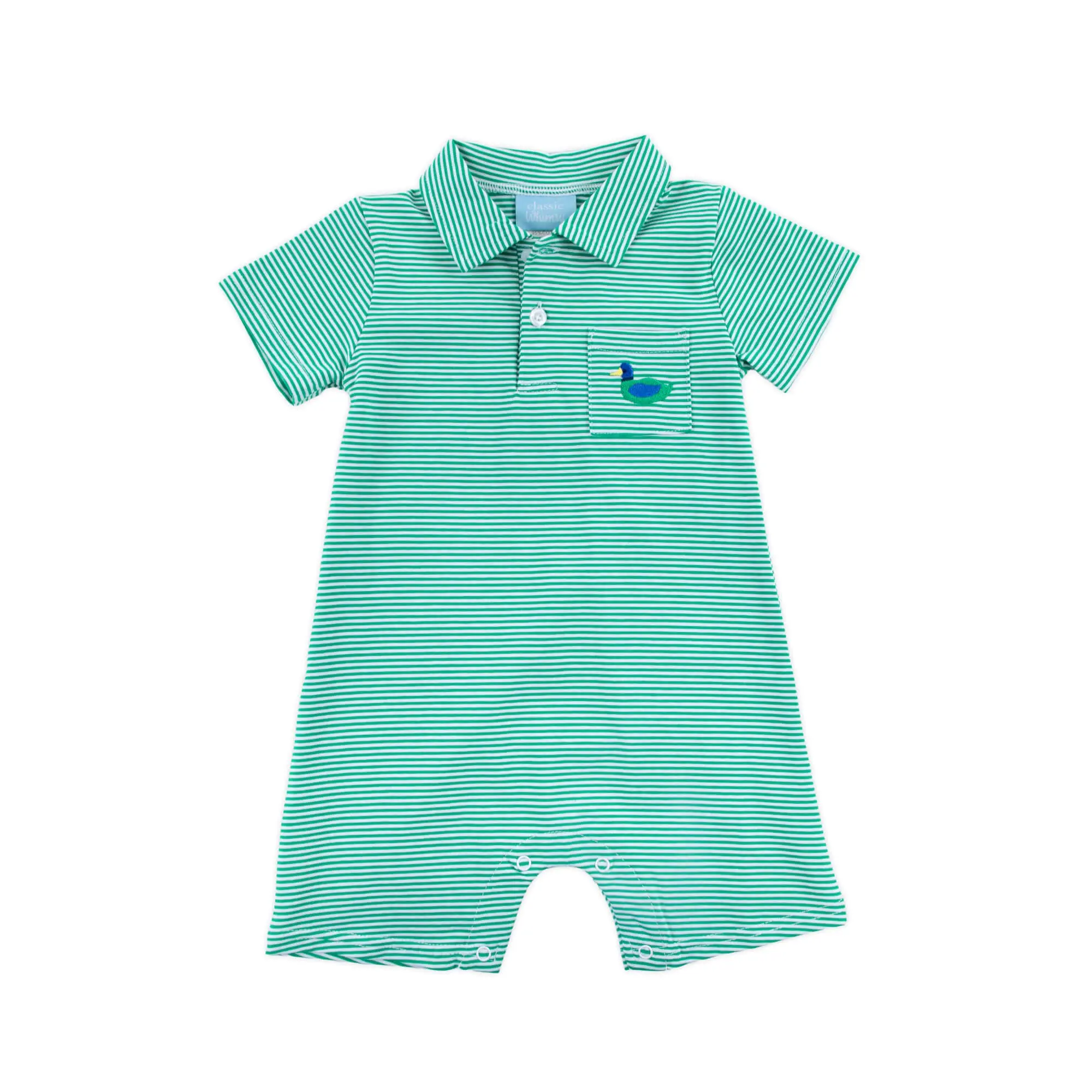 Mallard Green Stripe Polo Romper - Soft Knit 1Pc Outfit for Little Boys