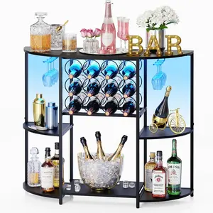 3-Tier Black Wine Bar Cabinet with LED Lights, Mini Wine Bar Cart with Storage & Glass Holder, Home Coffee Bar Table for Liquor, Suitable for Kitchen Dining Room Living Room