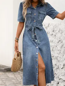 Women's Tie Waist Denim Shirt Dress, Lapel Short Sleeve Front Button Split Midi Denim Dress, Pocket Summer Casual Dress