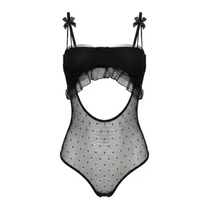 SILIX Chic Black Polka Dot Mesh Teddy Lingerie | Coquette Aesthetic Cut-out Bodysuit with Ruffle Trim & Bow Straps | French Style Sexy One-Piece Exotic Nightwear