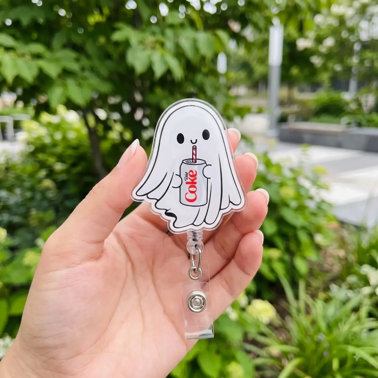 Diet Coke Ghost Badge Reel, Cute Halloween Acrylic ID Holder, Spooky Drink Lover Retractable Badge Clip