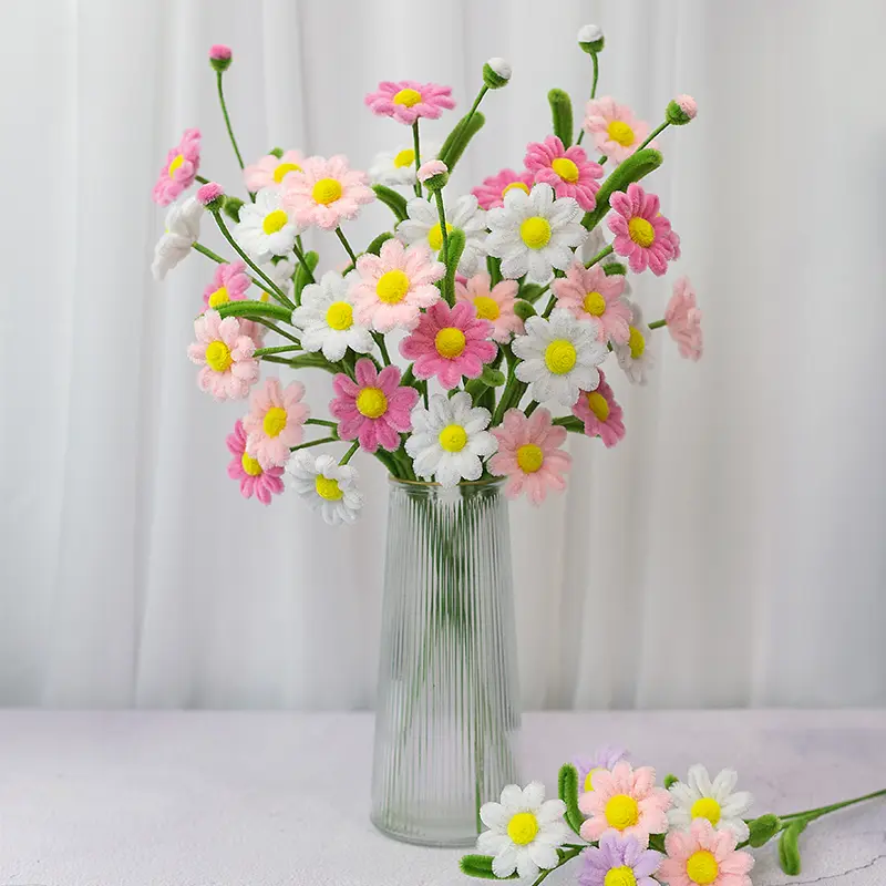 Fuzzy Chenille Stem Pipe Cleaner DIY Craft Kit for Daisy Flower Branch Green Leaves, DIY Floral Decoration, Home Decor Ornaments