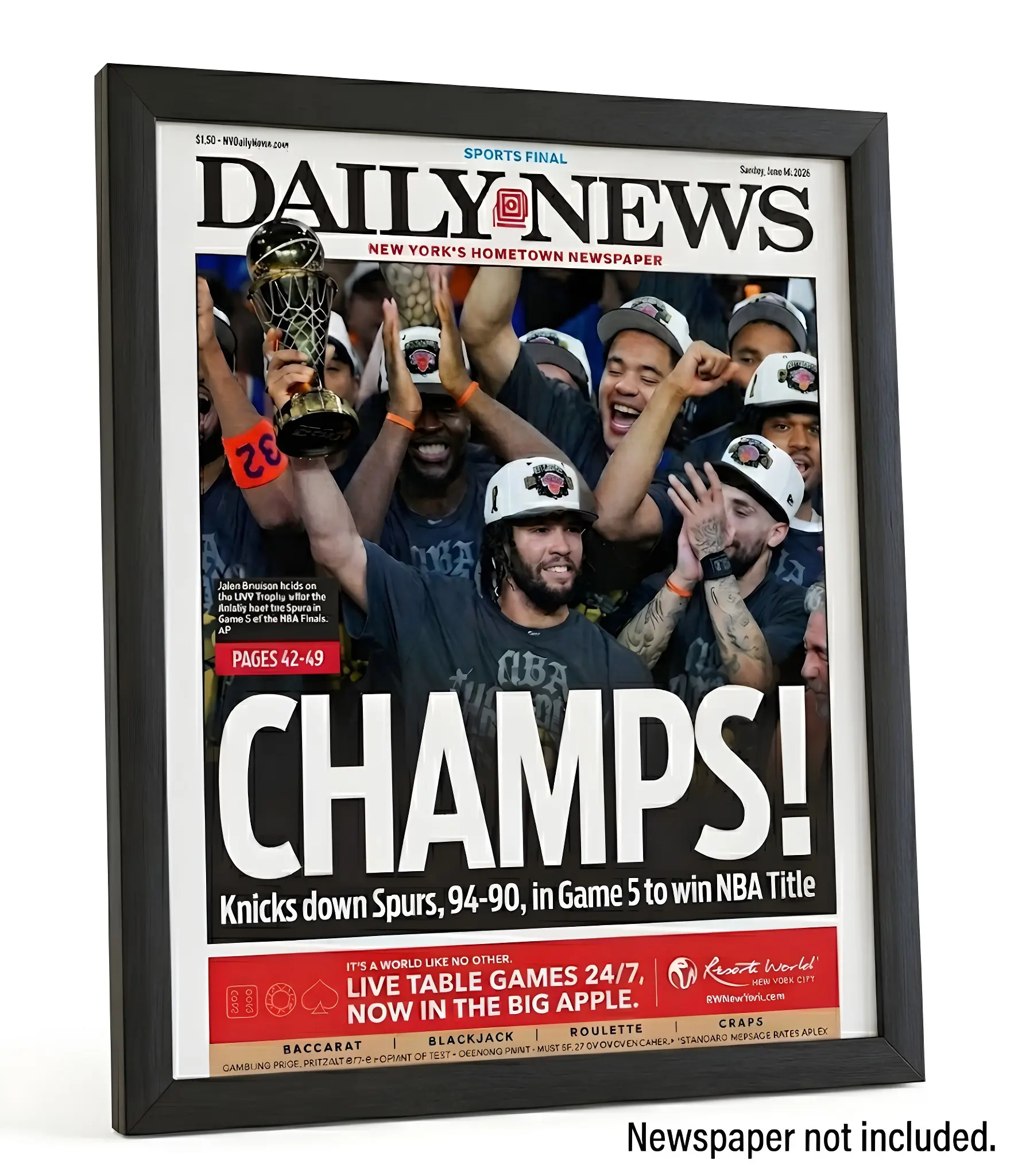 New York Daily News Newspaper Frame, Black Wood, Blue & Orange Mat, UV Acrylic, Holds Full Paper