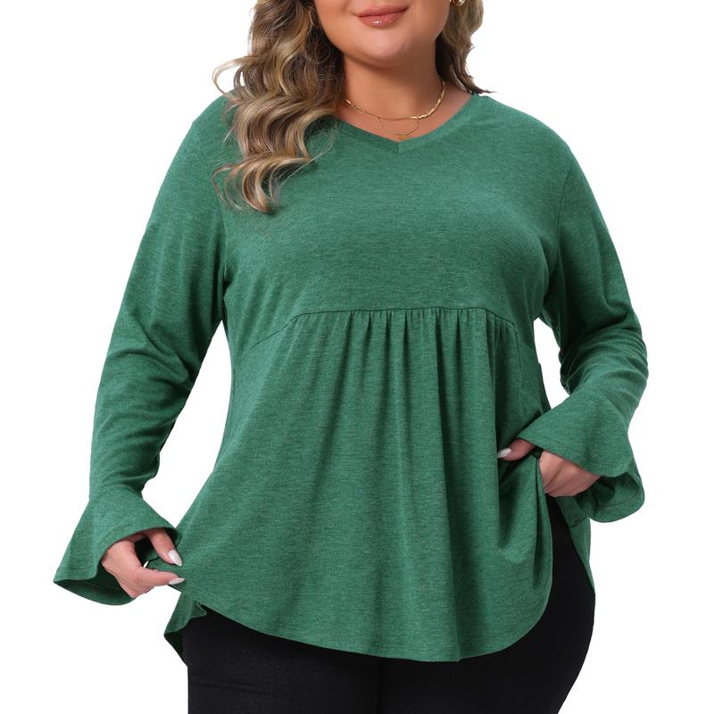 Agnes Orinda Women Plus Size Long Sleeve Shirts Flared Sleeves Pullover Dressy Casual Peplum Tops Green