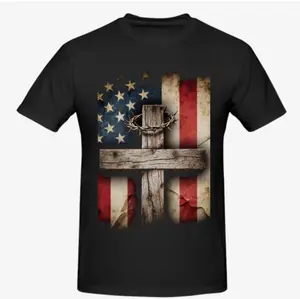 [Graphic Tee] Faith Over Fear Cross T Shirt Men American Flag Jesus Graphic Vintage Christian Tee Streetwear Patriotic Top